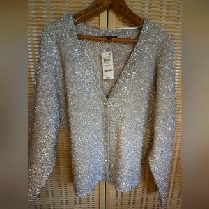 NWT Shiny Silver Tinsel Fuzzy Cardigan Jewel Buttons, Light Gray, Stretchy XL